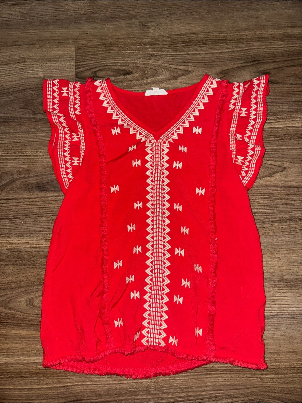 Red Embroidered Flutter Sleeve Women’s Top